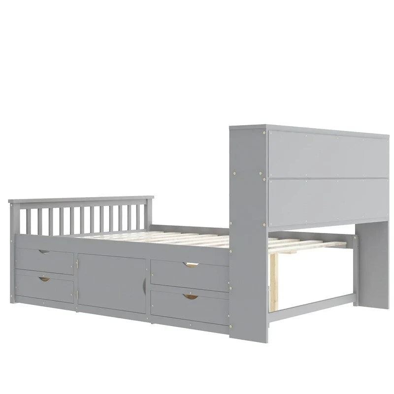 Letto a piattaforma Twin/Full Size Captain con 4 cassetti e mensole portaoggetti, struttura letto in legno massello con testiera libreria contenitore