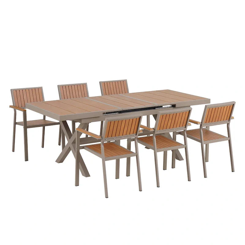 Set da pranzo all'aperto di 7 pezzi con tavolo allungabile e 6 sedie con braccioli