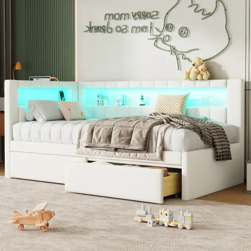 Letto imbottito a piattaforma con porte USB e illuminazione a LED - Struttura letto matrimoniale/singola con 2 cassetti portaoggetti - Camera da letto moderna