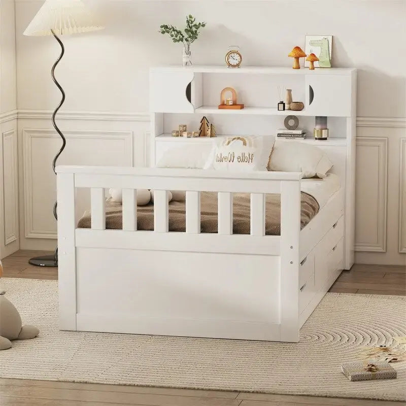 Letto a piattaforma Twin/Full Size Captain con 4 cassetti e mensole portaoggetti, struttura letto in legno massello con testiera libreria contenitore