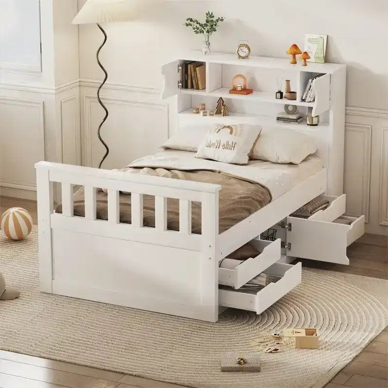 Letto a piattaforma Twin/Full Size Captain con 4 cassetti e mensole portaoggetti, struttura letto in legno massello con testiera libreria contenitore