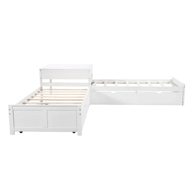 Letto a piattaforma a L moderno bianco per cameretta, dimensioni singole, con letto estraibile e cassetti