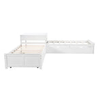 Letto a piattaforma a L moderno bianco per cameretta, dimensioni singole, con letto estraibile e cassetti