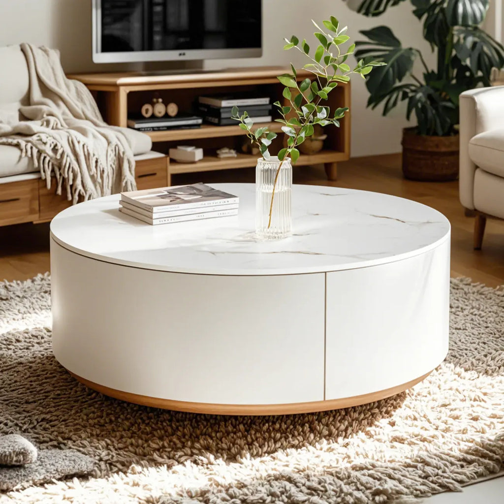 Tavolino da Caffè Rotondo Moderno Bianco in Legno con Cassetto a Tamburo