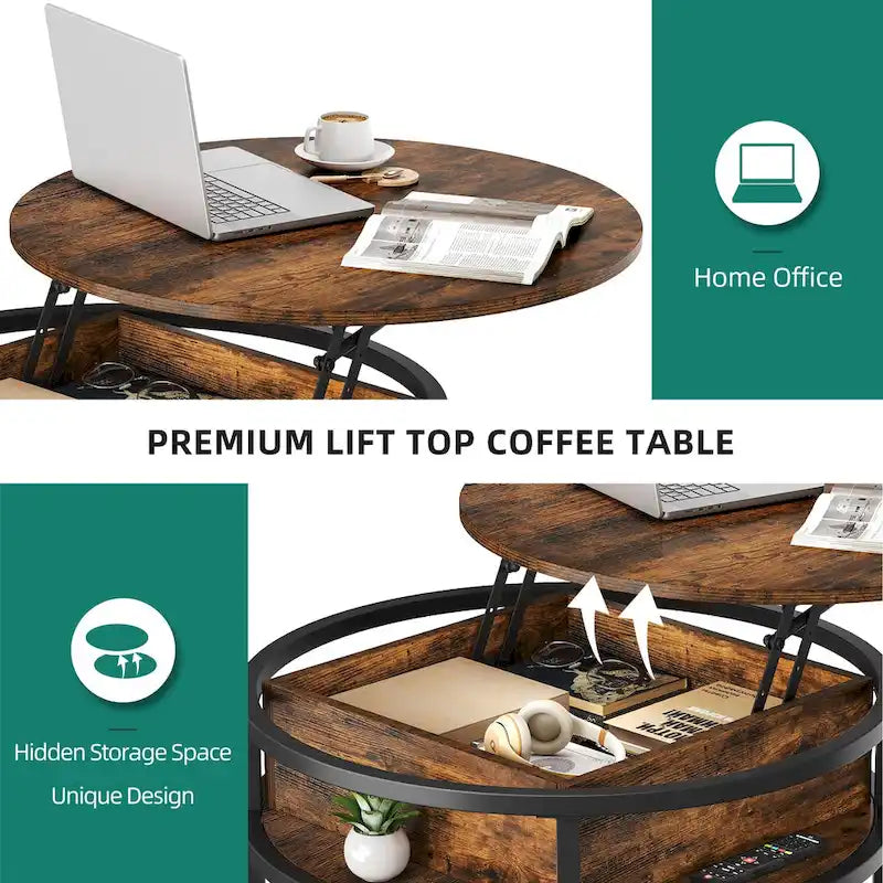 Tavolino da caffè rotondo con piano sollevabile, allungabile e contenitore a scomparsa