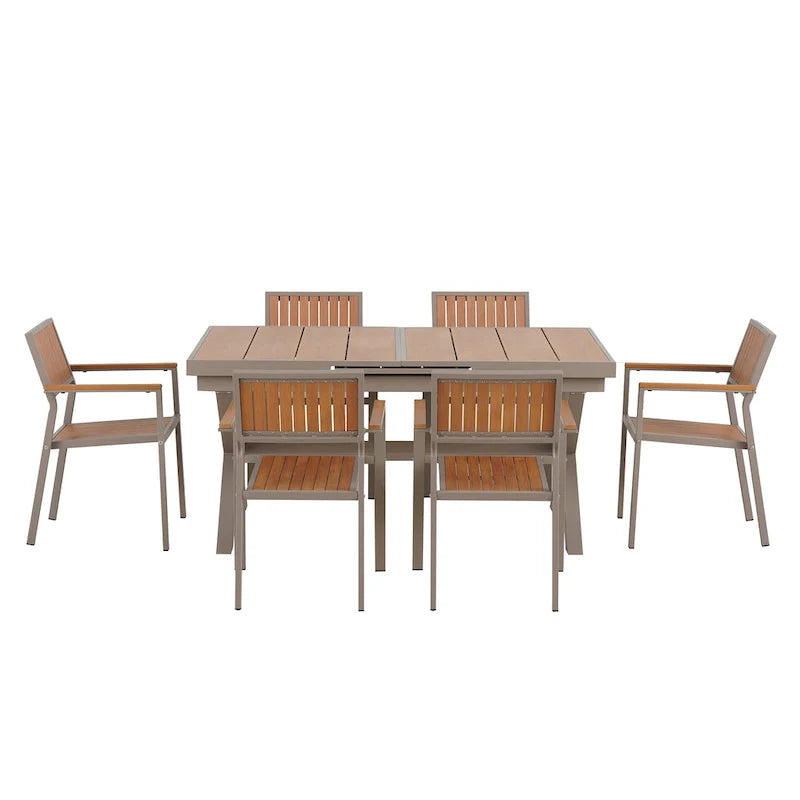 Set da pranzo all'aperto di 7 pezzi con tavolo allungabile e 6 sedie con braccioli