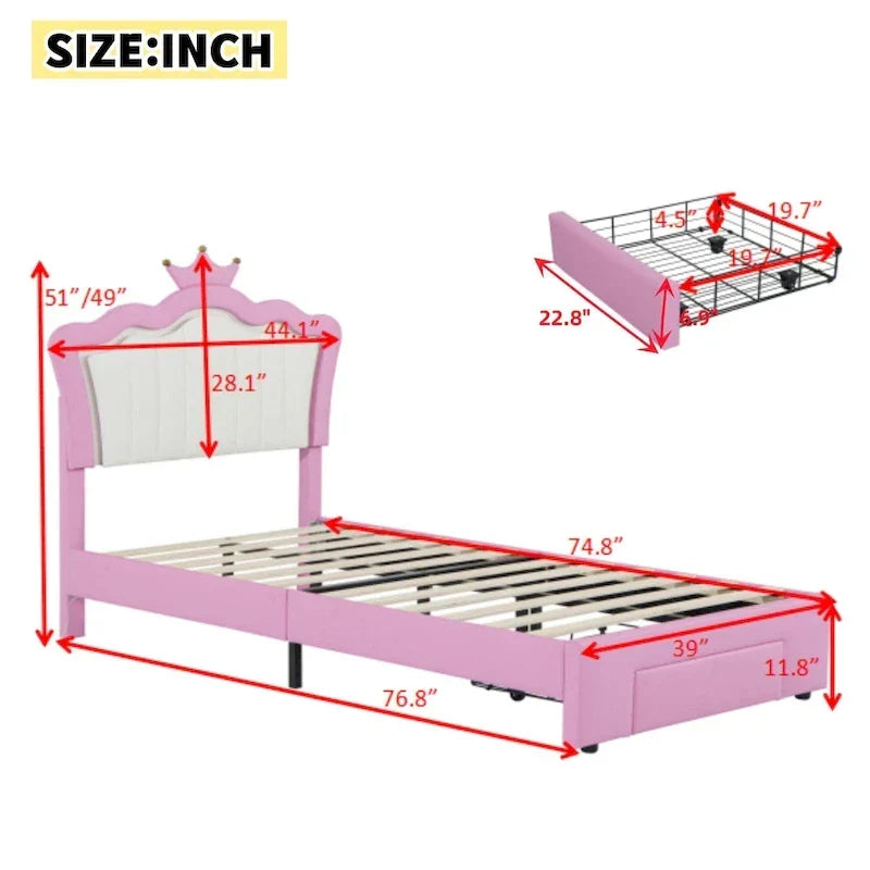Letto Imbottito Singolo con Luci LED, Letto Imbottito Moderno da Principessa con Testiera a Corona, un Cassetto, Rosa+Bianco