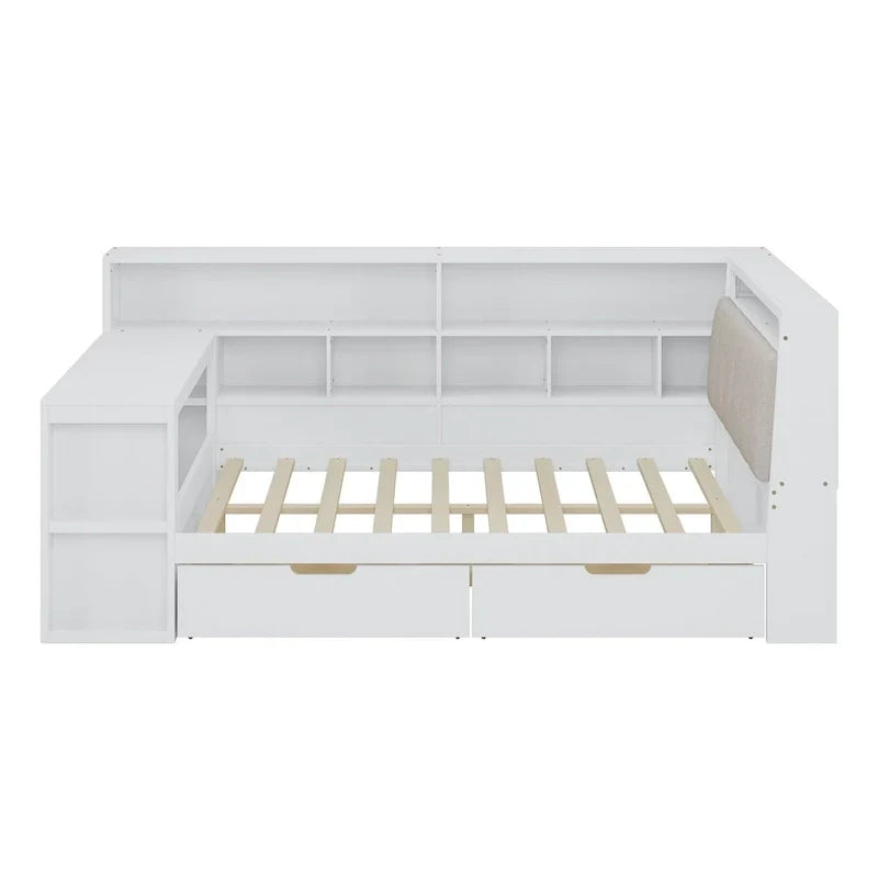 L-shaped Wooden Sofa Daybed with Desk, Bookcase Cabinet, Corner Bed with Under-bed Drawers, Upholstered Headboard Built-in Light