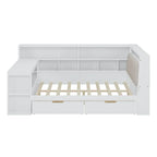 L-shaped Wooden Sofa Daybed with Desk, Bookcase Cabinet, Corner Bed with Under-bed Drawers, Upholstered Headboard Built-in Light