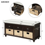 Panca rustica contenitore con 3 cassetti e 3 cesti in rattan, panca portascarpe per soggiorno, ingresso