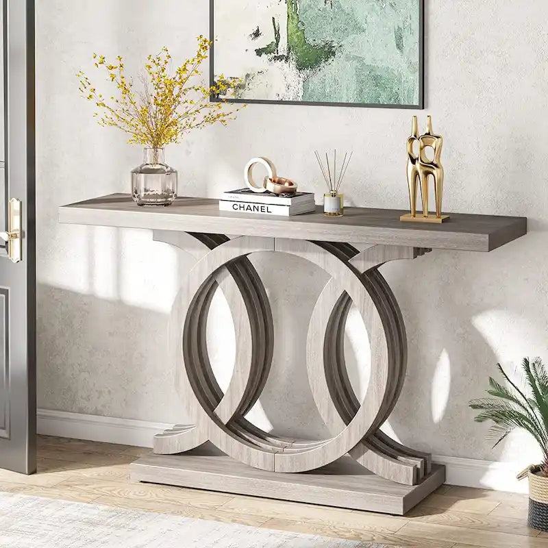 Consolle Vintage con Base Geometrica Tavolo da Ingresso in Legno