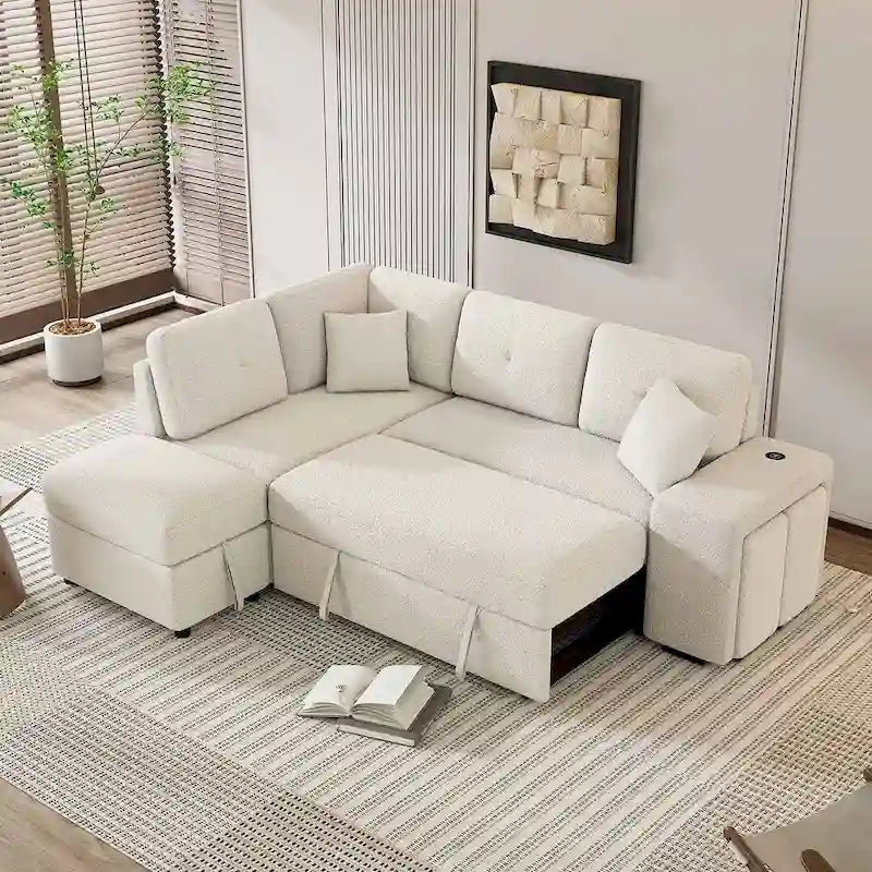 Divano componibile con letto estraibile e pouf contenitore, divano letto convertibile per soggiorno