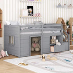 LETTO SINGOLO, LETTO A CASTELLO BASSO SINGOLO IN LEGNO MASSELLO CON SCALA, CASSETTO E SCAFFALE DI COLORE GRIGIO