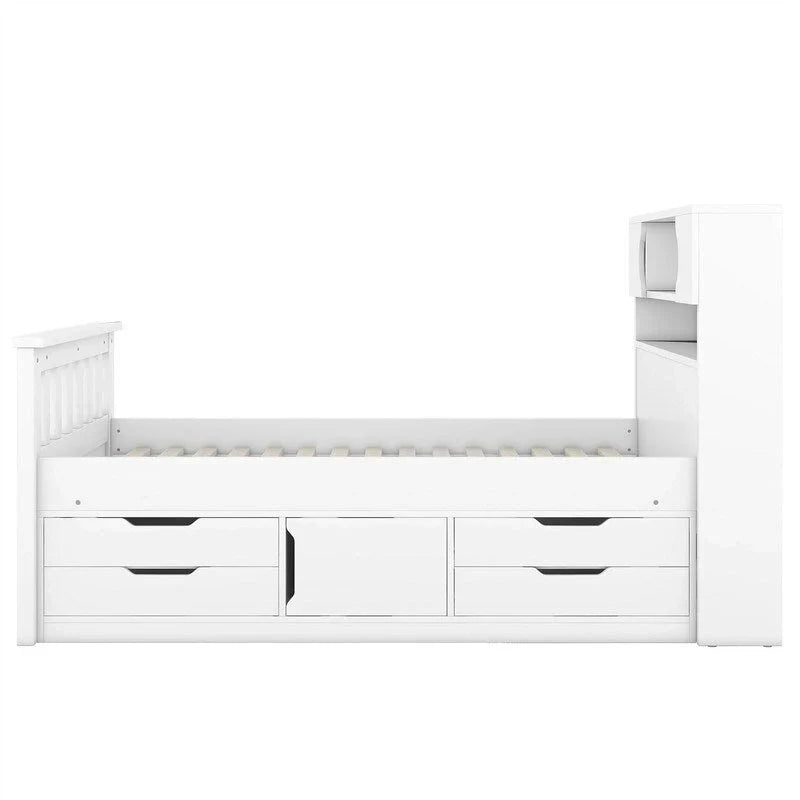 Letto a piattaforma Twin/Full Size Captain con 4 cassetti e mensole portaoggetti, struttura letto in legno massello con testiera libreria contenitore
