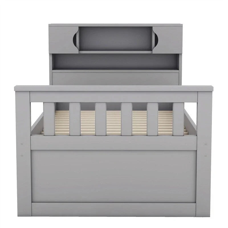 Letto a piattaforma Twin/Full Size Captain con 4 cassetti e mensole portaoggetti, struttura letto in legno massello con testiera libreria contenitore