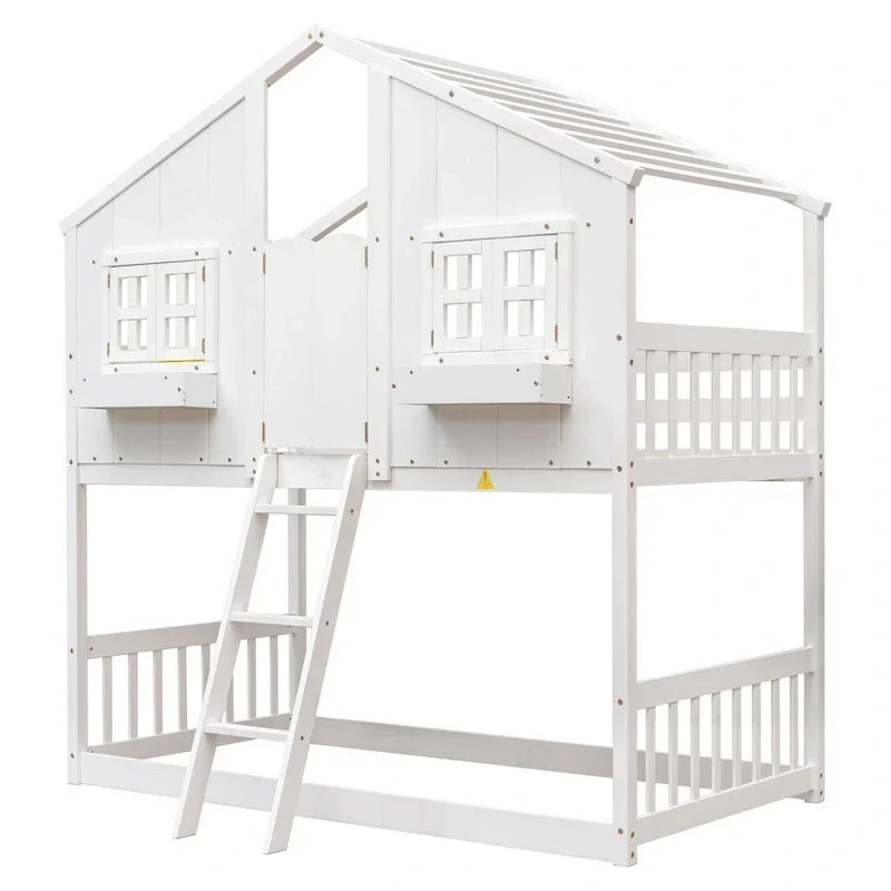 Letto a castello a casetta singolo su singolo con tetto, finestra, fioriera, porta, con sponde di sicurezza e scaletta, Grigio
