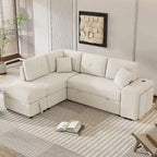 Divano componibile con letto estraibile e pouf contenitore, divano letto convertibile per soggiorno