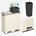 SONGMICS Pattumiera Doppia, 60L (16 Gallon) Contenitore per la Spazzatura in Acciaio Inossidabile, Mandorla