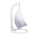 Sedia sospesa a dondolo a forma di uovo con supporto in metallo, telaio in vimini e cuscino – Beige / Blu antracite / Bianco / Blu / Bianco antico / Marrone / Tela, 2 posti