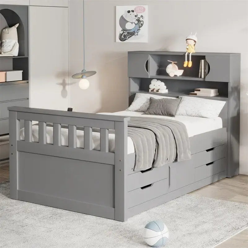 Letto a piattaforma Twin/Full Size Captain con 4 cassetti e mensole portaoggetti, struttura letto in legno massello con testiera libreria contenitore