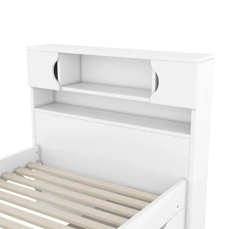 Letto a piattaforma Twin/Full Size Captain con 4 cassetti e mensole portaoggetti, struttura letto in legno massello con testiera libreria contenitore