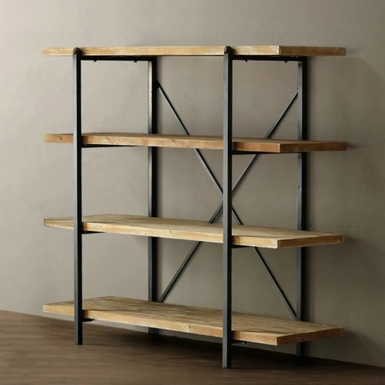 Industrial Wooden Metal Wall Bookshelf 4-Tier
