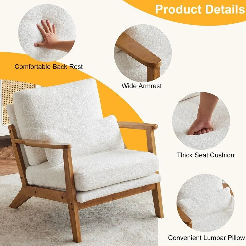 Poltrona d'accento rivestita in misto lino con gambe in legno e un cuscino, beige