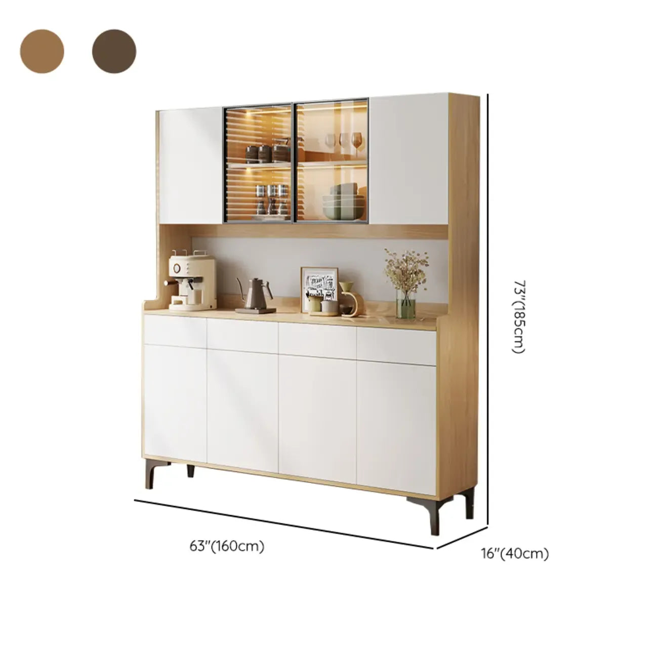 Large Wood Glass Doors Cabinet Sideboard with Hutch Top