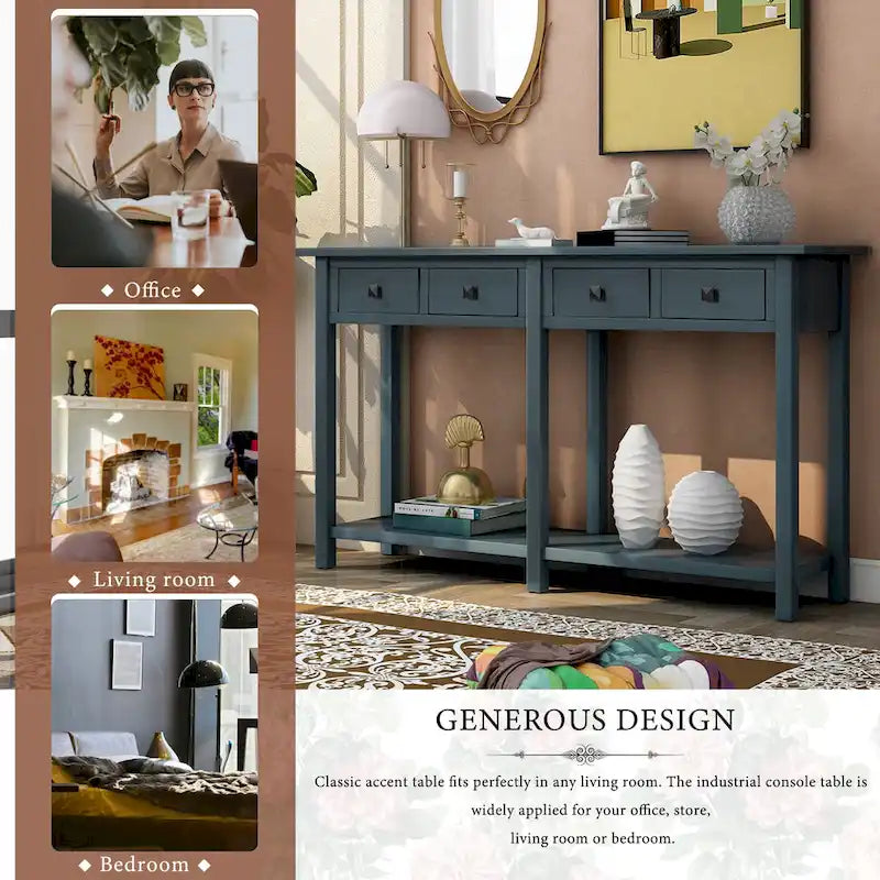 Console da Ingresso Antica Blu Navy con Cassetto e Ripiano