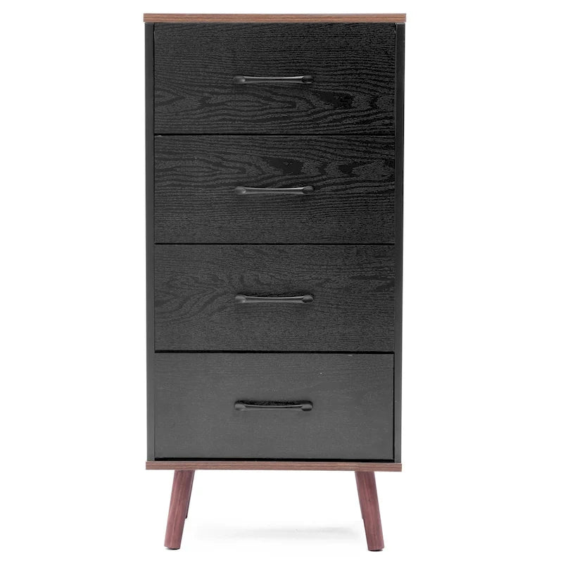 Cassettiera accentata nera in legno composito a 4 cassetti con dettagli marroni