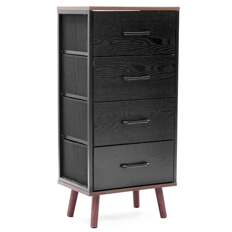 Cassettiera accentata nera in legno composito a 4 cassetti con dettagli marroni