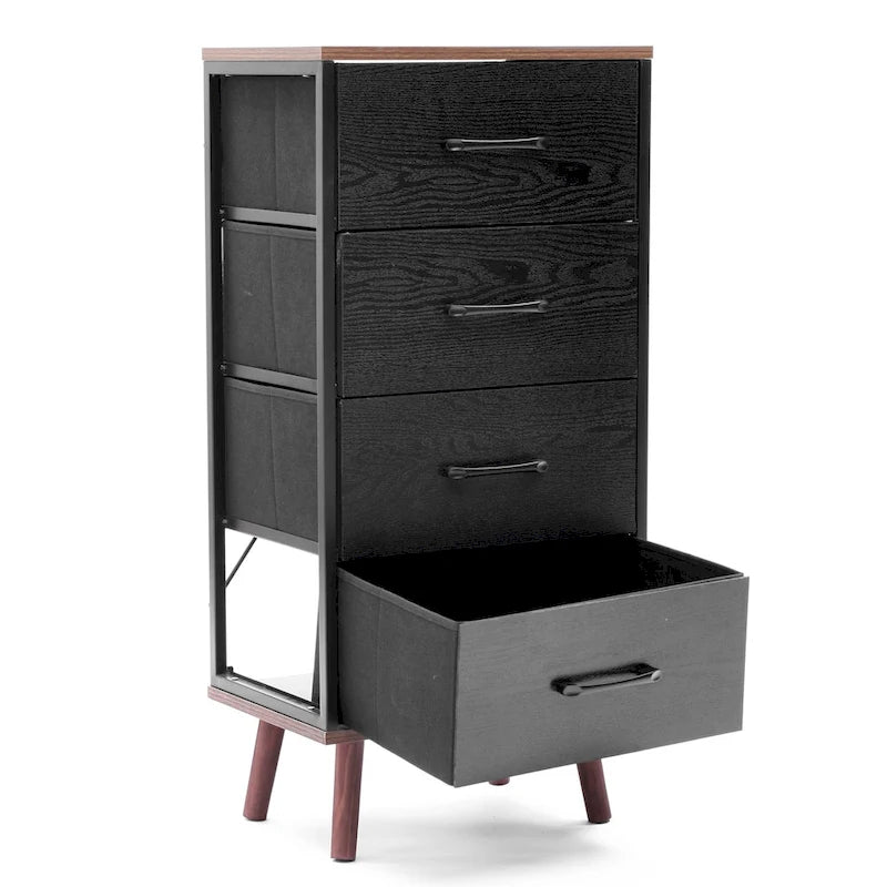 Cassettiera accentata nera in legno composito a 4 cassetti con dettagli marroni
