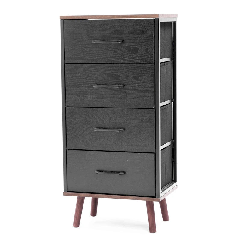 Cassettiera accentata nera in legno composito a 4 cassetti con dettagli marroni