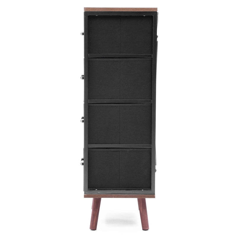 Cassettiera accentata nera in legno composito a 4 cassetti con dettagli marroni