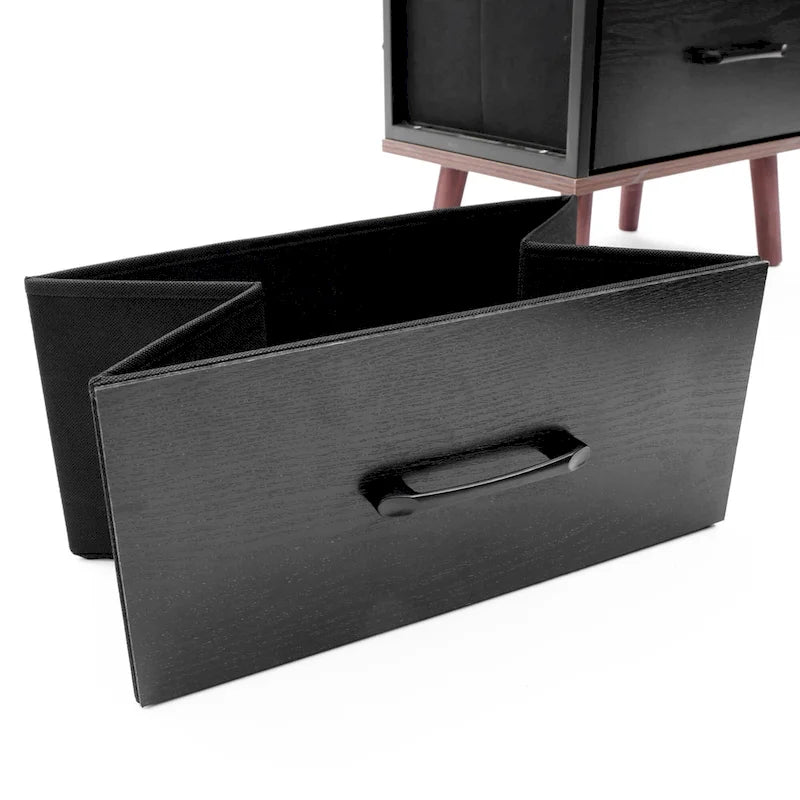 Cassettiera accentata nera in legno composito a 4 cassetti con dettagli marroni