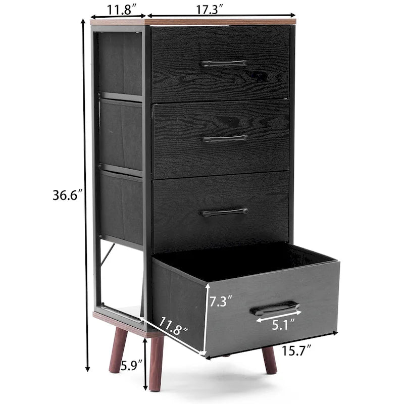 Cassettiera accentata nera in legno composito a 4 cassetti con dettagli marroni