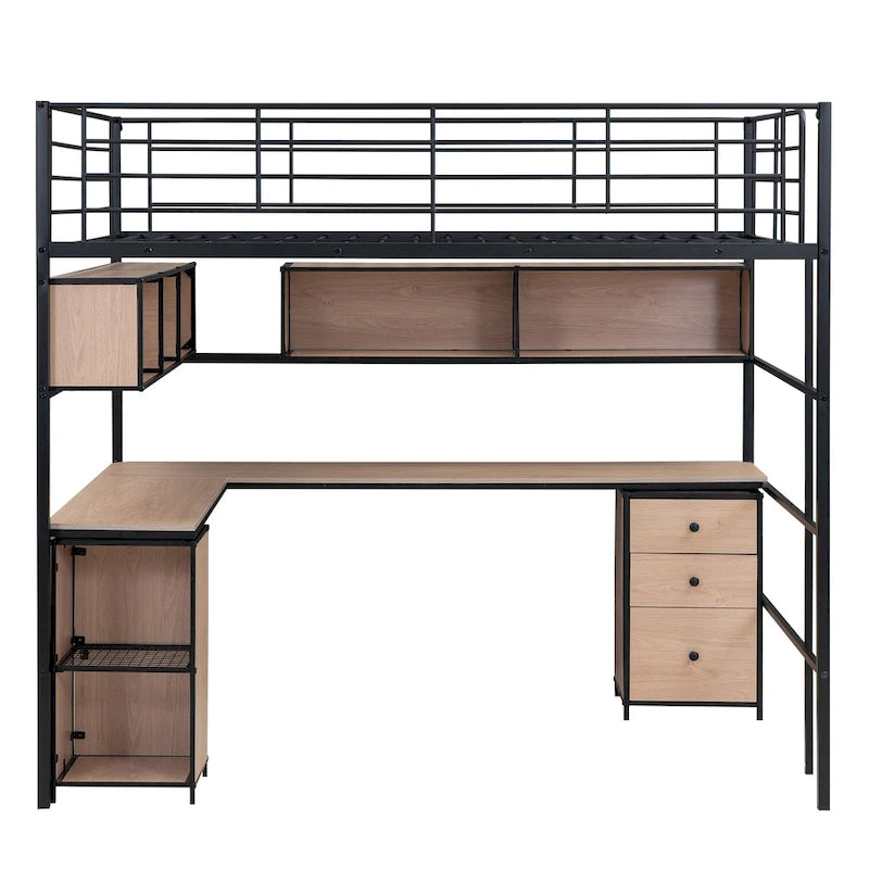 Letto a soppalco in metallo con libreria, scrivania e armadietto, Matrimoniale, Nero