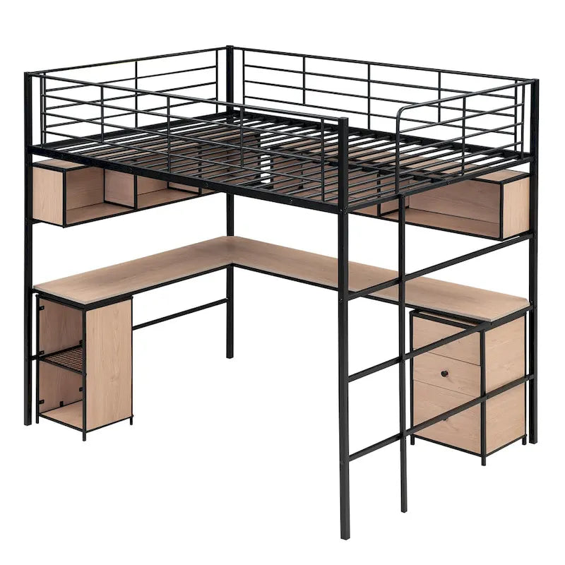 Letto a soppalco in metallo con libreria, scrivania e armadietto, Matrimoniale, Nero