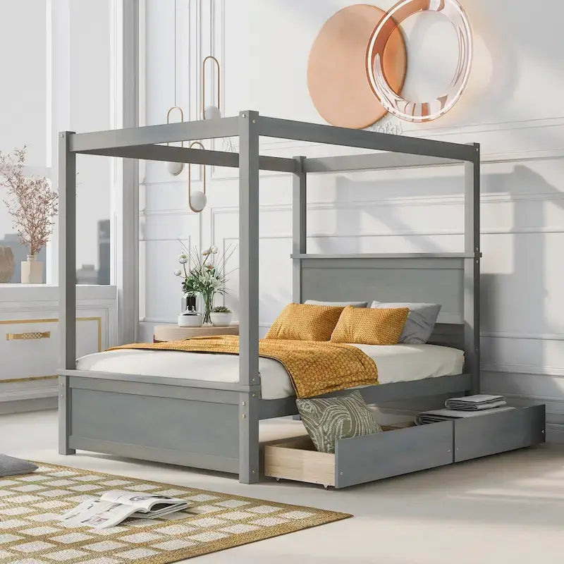 Letto a piattaforma in legno a baldacchino matrimoniale con due cassetti