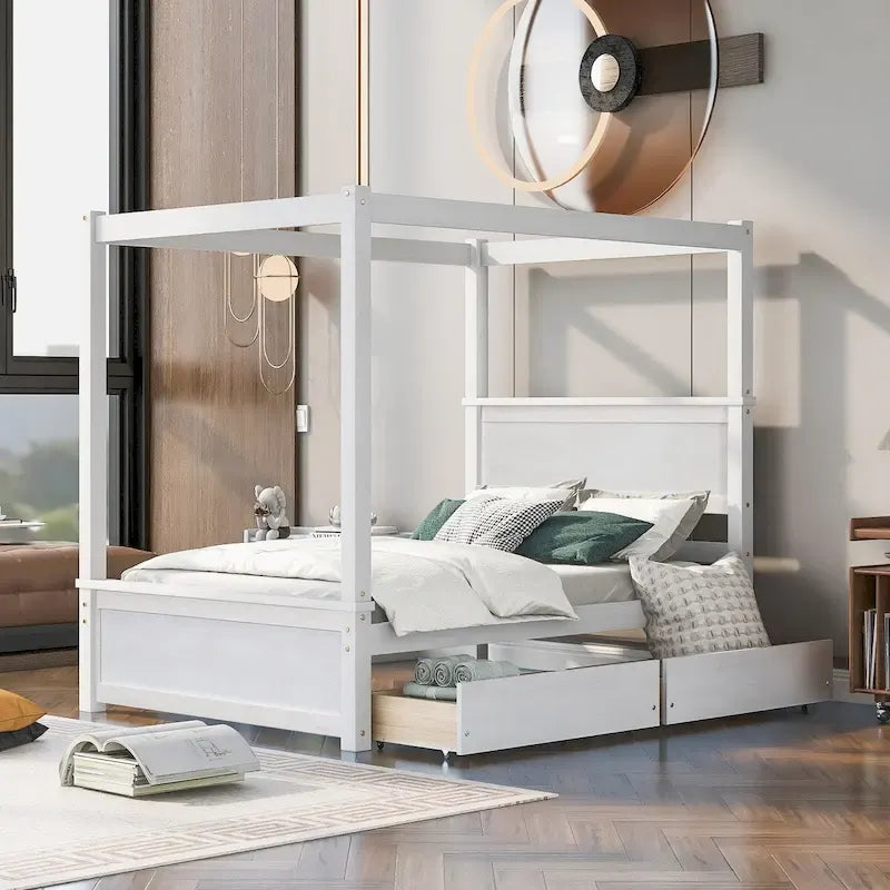 Letto a piattaforma in legno a baldacchino matrimoniale con due cassetti