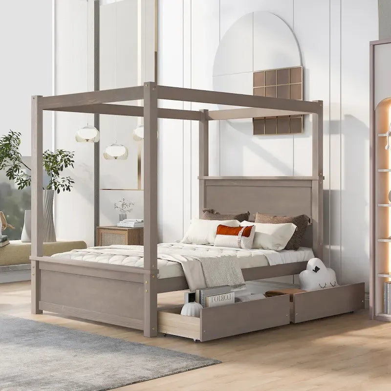 Letto a piattaforma in legno a baldacchino matrimoniale con due cassetti