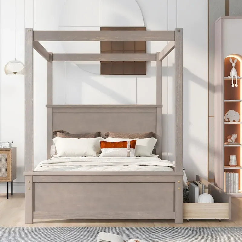 Letto a piattaforma in legno a baldacchino matrimoniale con due cassetti