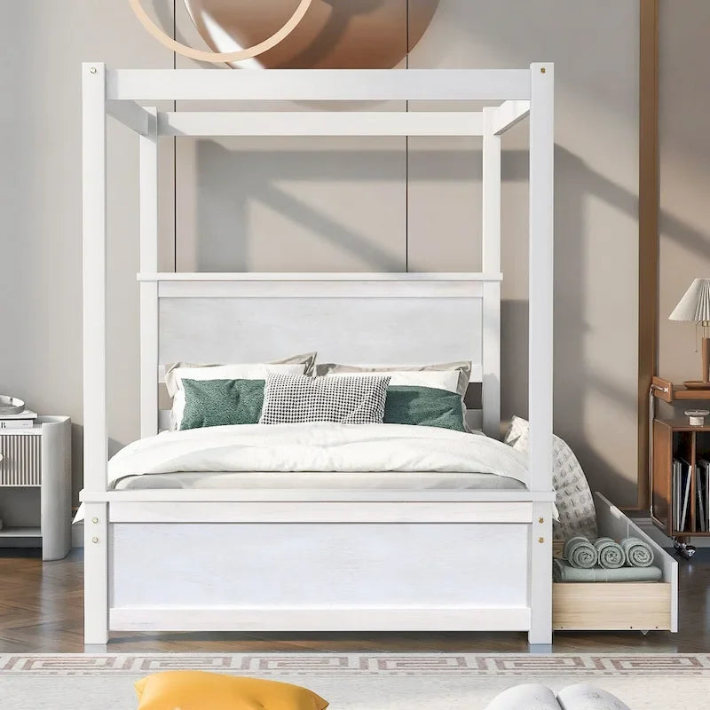 Letto a piattaforma in legno a baldacchino matrimoniale con due cassetti