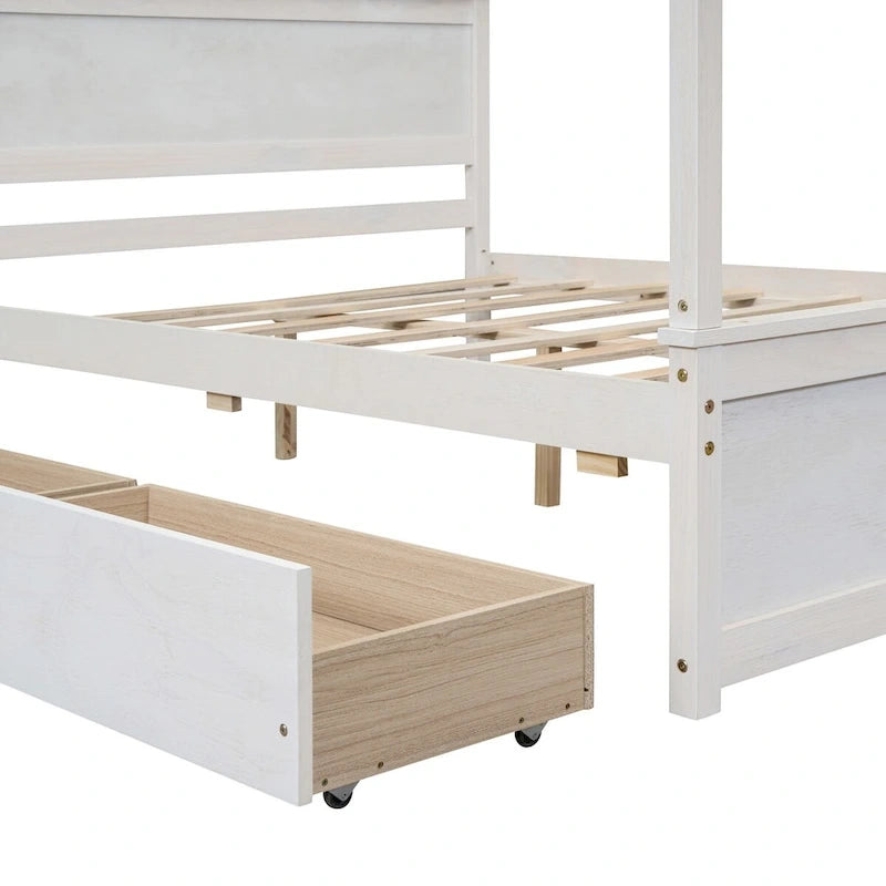 Letto a piattaforma in legno a baldacchino matrimoniale con due cassetti