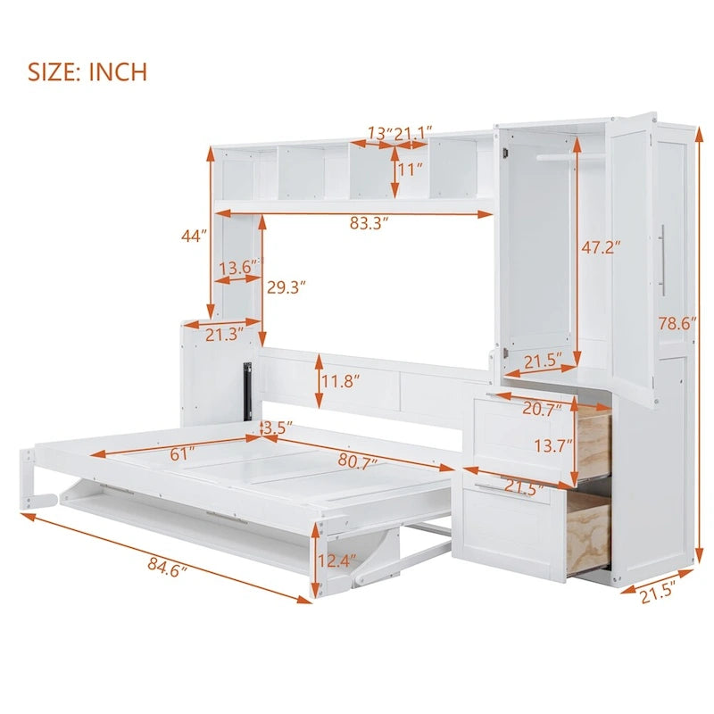 Queen Size Murphy Bed Wall Bed with Closet and Drawers