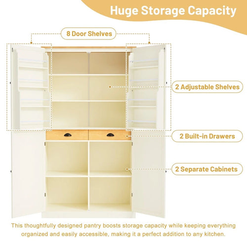Mobile dispensa da cucina autoportante alto 40,2x20x71,3 pollici con 2 cassetti, 2 ripiani regolabili, 8 ripiani sullo sportello