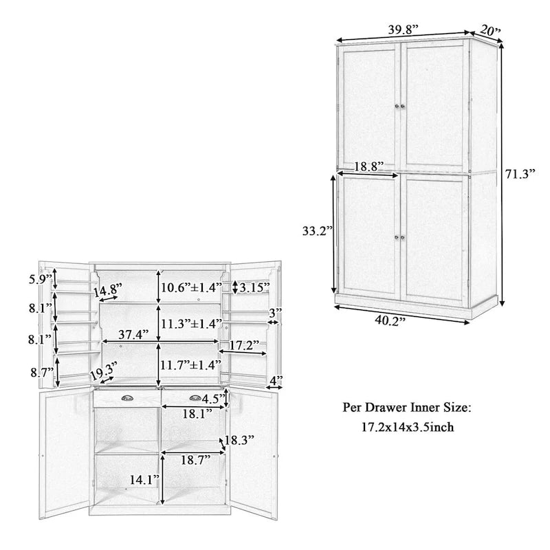Mobile dispensa da cucina autoportante alto 40,2x20x71,3 pollici con 2 cassetti, 2 ripiani regolabili, 8 ripiani sullo sportello