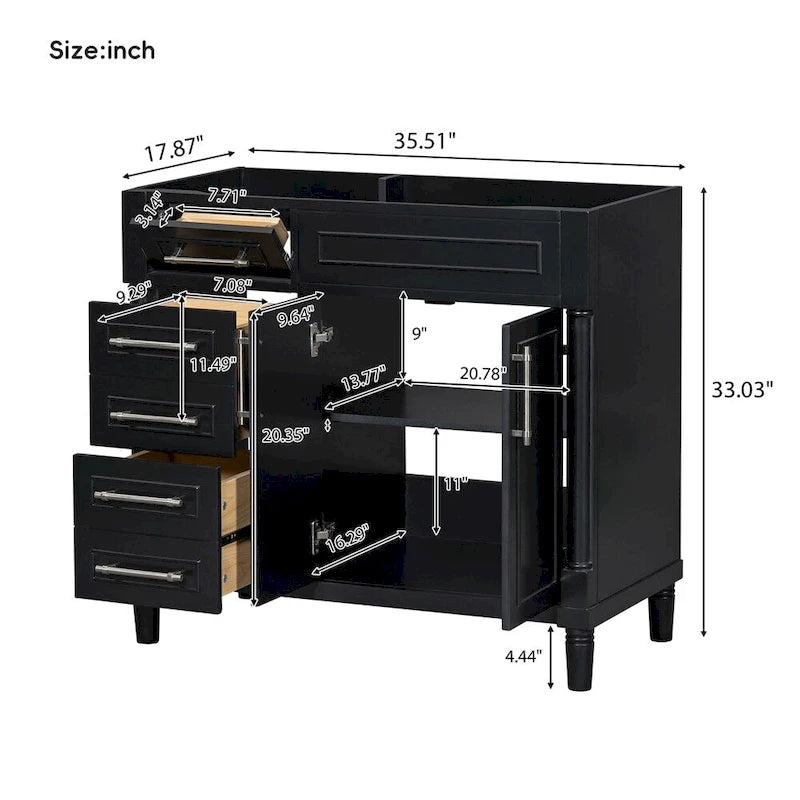 Mobile bagno in legno da 36" con cassetti e ripiano regolabile (senza lavabo)