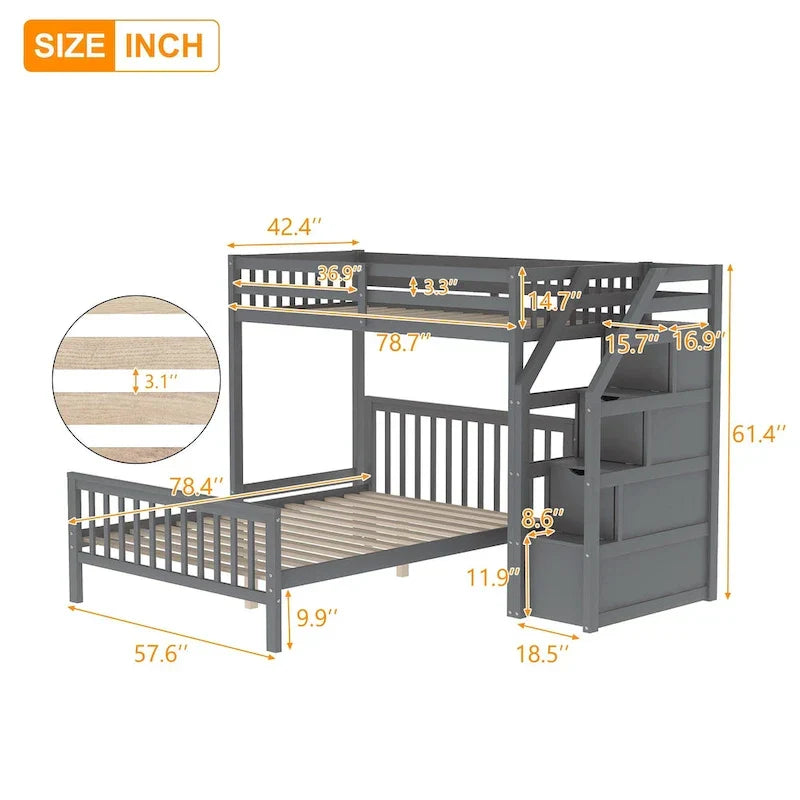 Letto a soppalco in legno per due persone con scale, sponde alte e scaletta