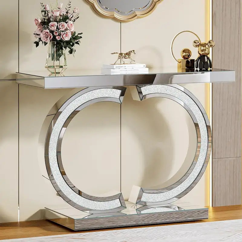 Console da Tavolo Argentata, Tavolino d'Ingresso con Specchio da 99 cm per Ingresso